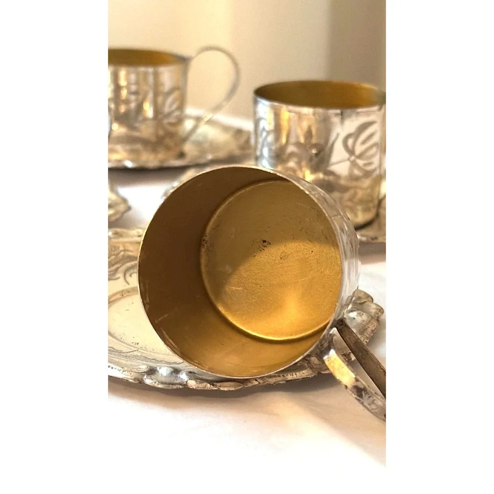 Vintage Tea Glass Holder and Saucer Set of 4 Silver Tone Etched Floral Ornate
